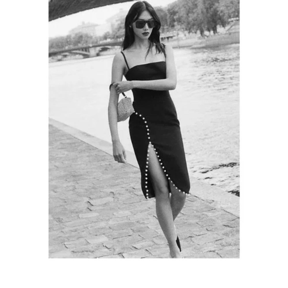 NWT Helsi Anthropologie black pearl trimmed slit spaghetti strap midi dress